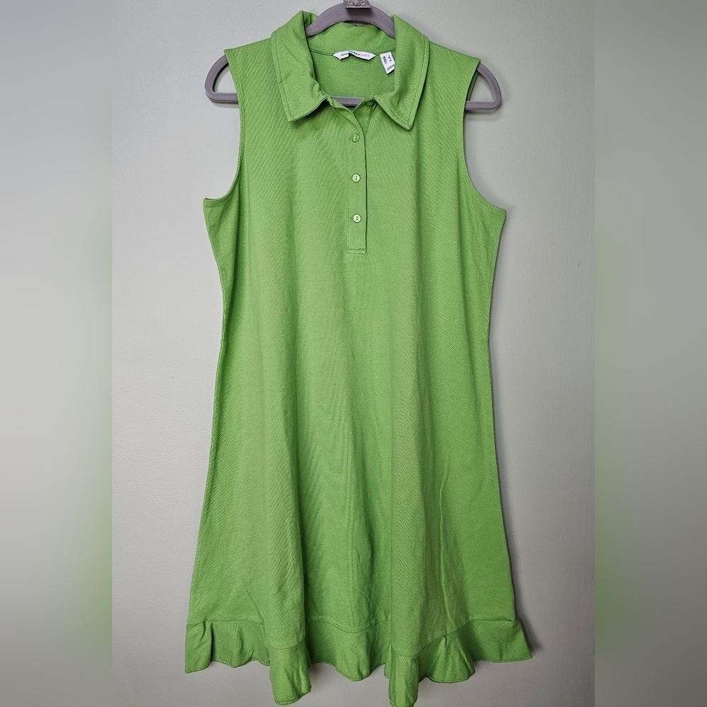 Isaac Mizrahi Live Green Sleeveless Polo Dress w Buttons, Collar, Ruffle Hem, L - Picture 3 of 9